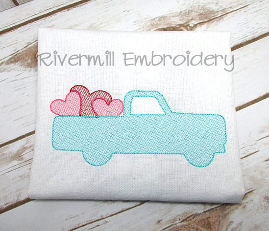 Sketch Style Truck w/ Hearts Machine Embroidery Design