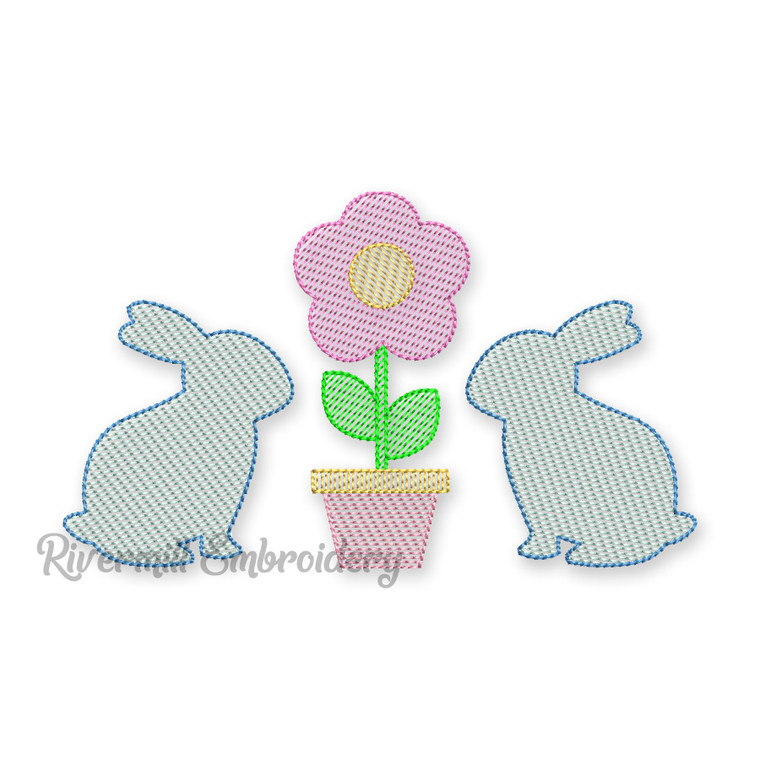 Bunny Rabbits & Flower Pot Machine Embroidery Design