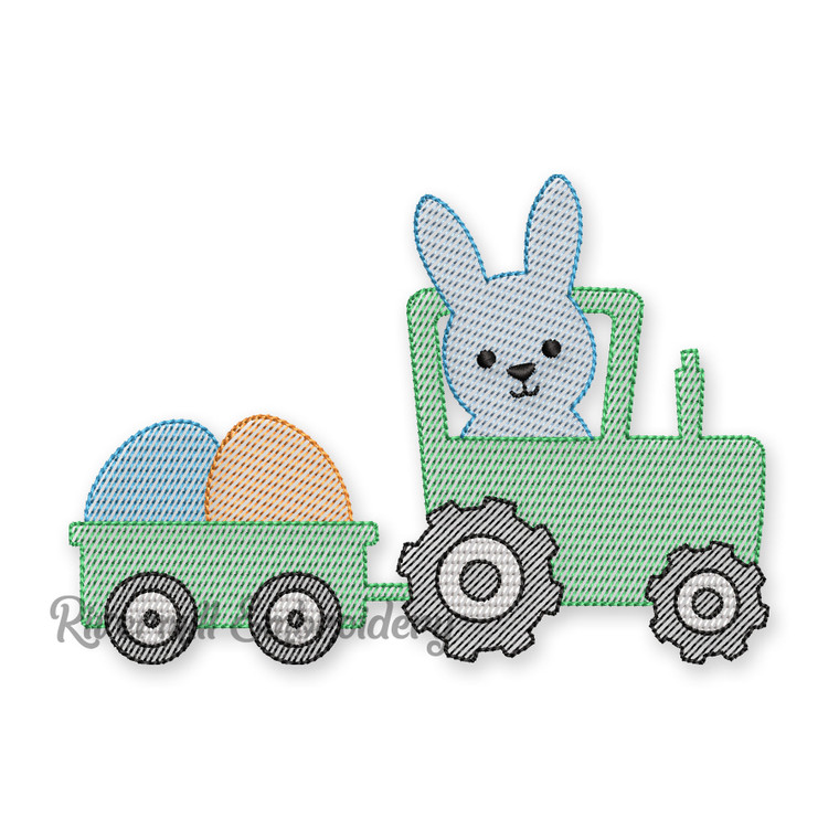 Sketch Style Bunny In Tractor Pulling Easter Eggs Machine Embroidery Design