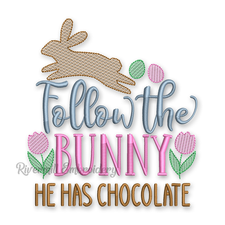 Sketch Style Follow The Bunny  He Has Chocolate Machine Embroidery Design