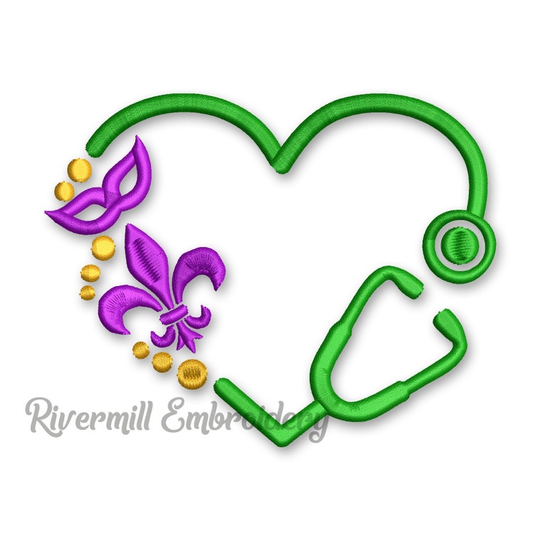 Mardi Gras Heart Shaped Stethoscope Monogram or Initial Frame Machine Embroidery Design