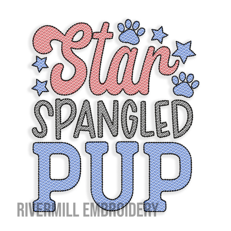 Star Spangled Pup Sketch Machine Embroidery Design Dog Pet Lover