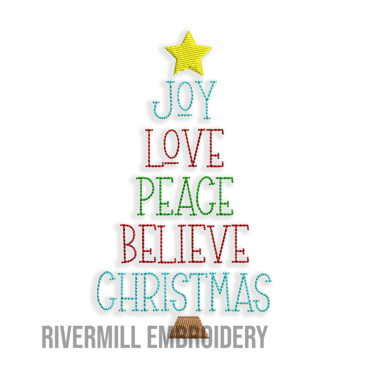 Joy Love Peace Believe Christmas Tree Shaped Machine Embroidery Design