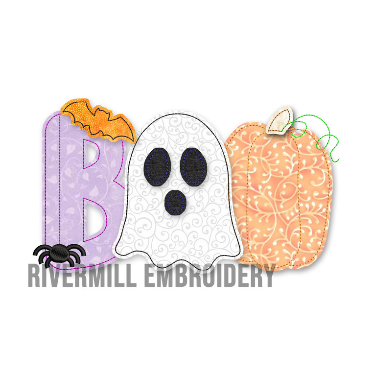 Raggy Applique Boo With Ghost & Pumpkin Machine Embroidery Design