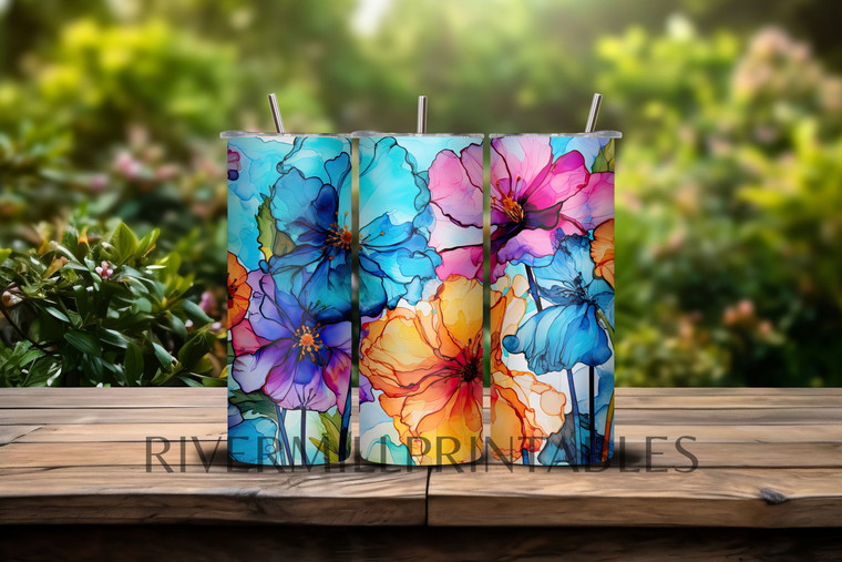 Alcohol Ink Flowers 20oz Skinny Tumbler Wrap PNG