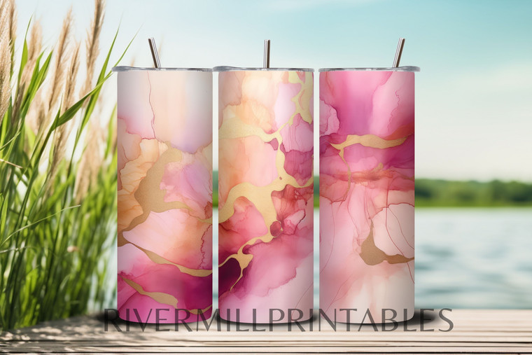 Pink & Gold Alcohol Ink 20oz Skinny Tumbler Wrap PNG