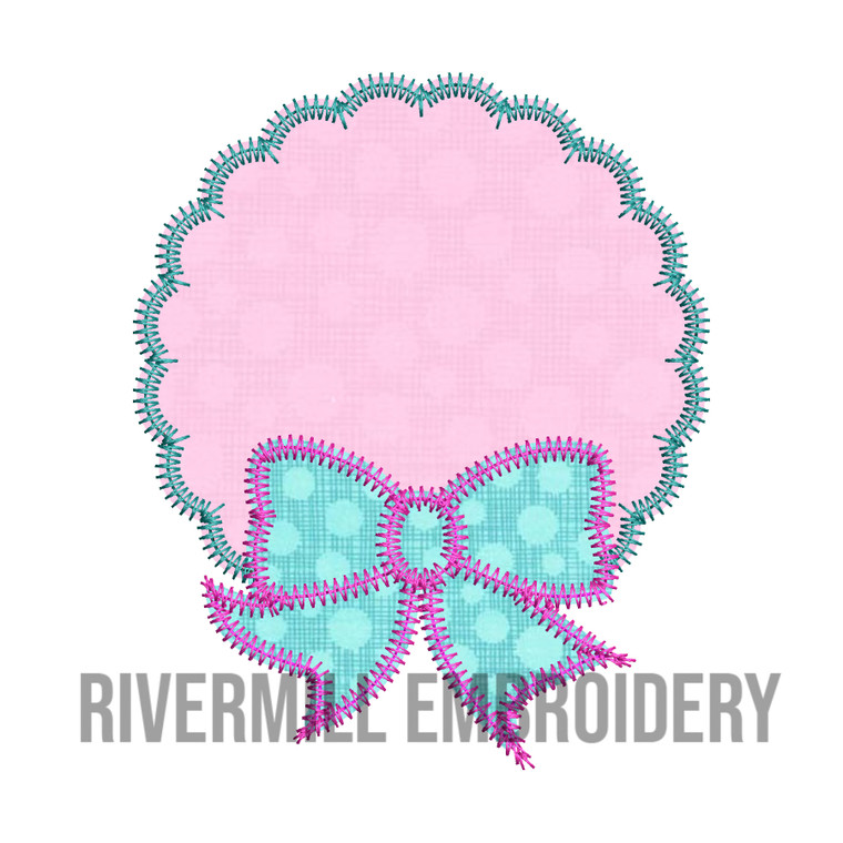 Zig Zag Applique Bow & Scalloped Circle Initial or Monogram Frame  Machine Embroidery Design