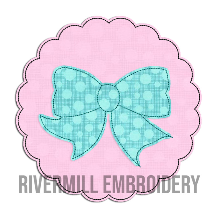 Raggy Applique Bow in a Scalloped Circle  Machine Embroidery Design