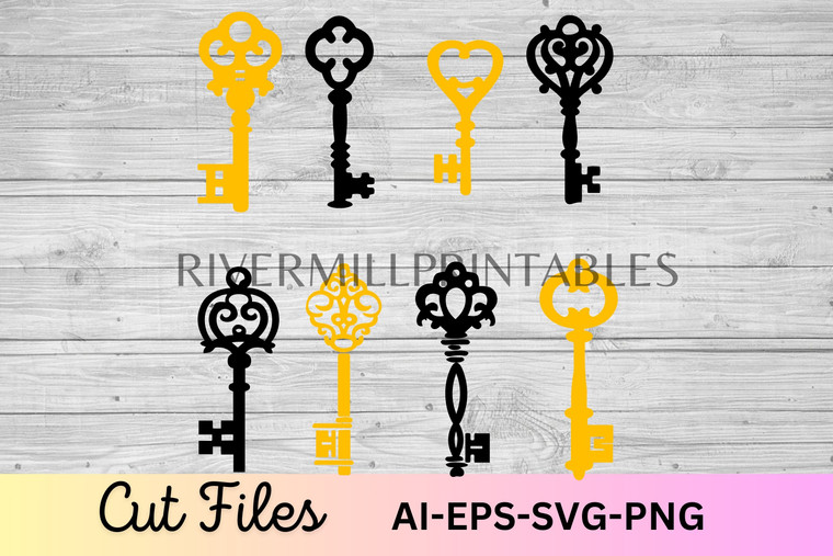 Set of 8 Antique Style Skeleton Keys SVG AI EPS Cut Files