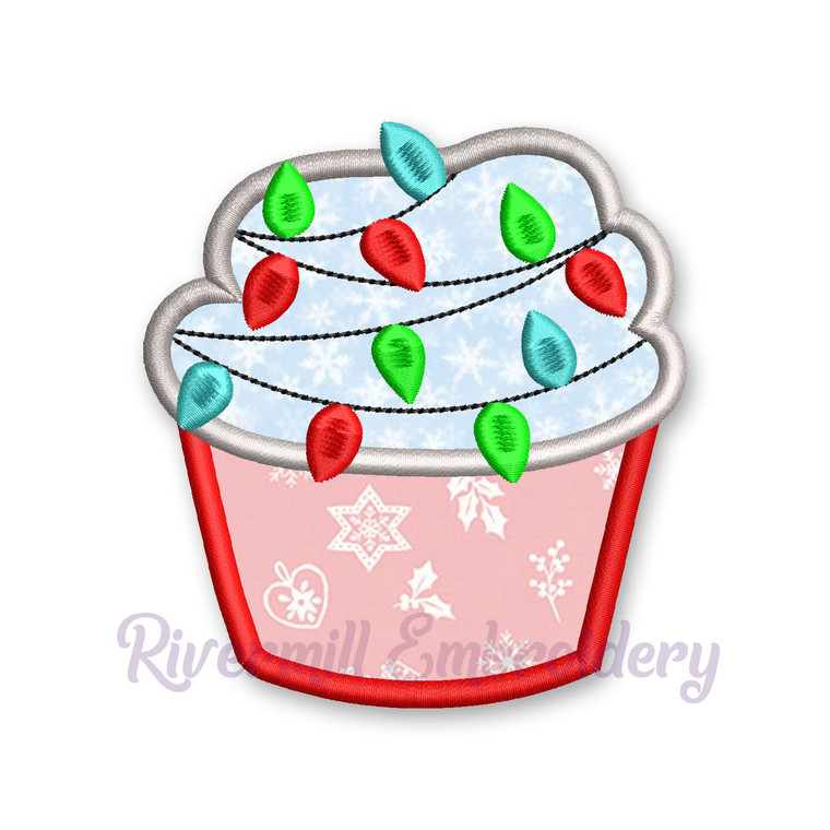 Cupcake With Christmas Lights Applique Machine Embroidery Design