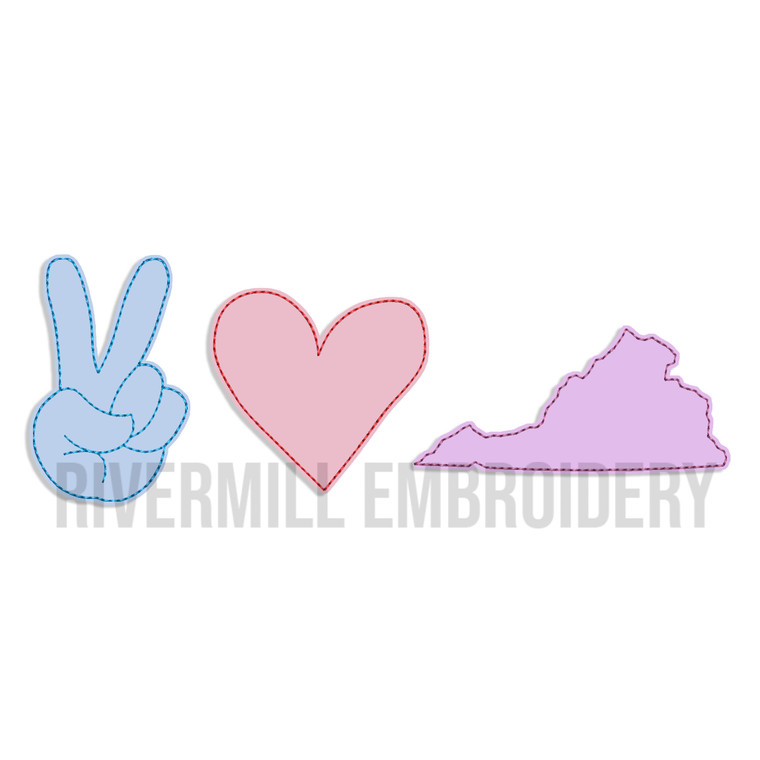 Raggy Applique Peace Love Virginia Machine Embroidery Design