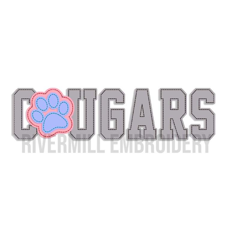 Raggy Applique Cougars with a Paw Print Machine Embroidery Design