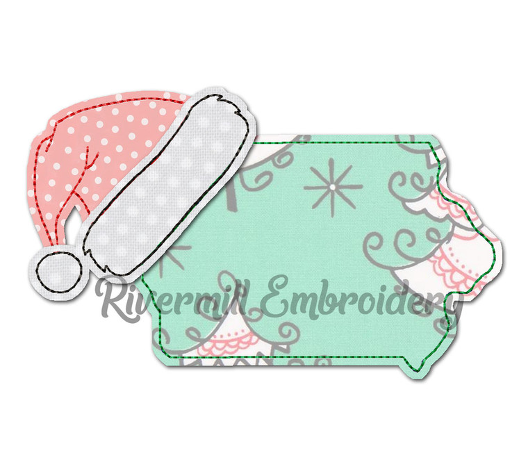 Iowa w/ Santa Hat Raggy Applique Machine Embroidery Design