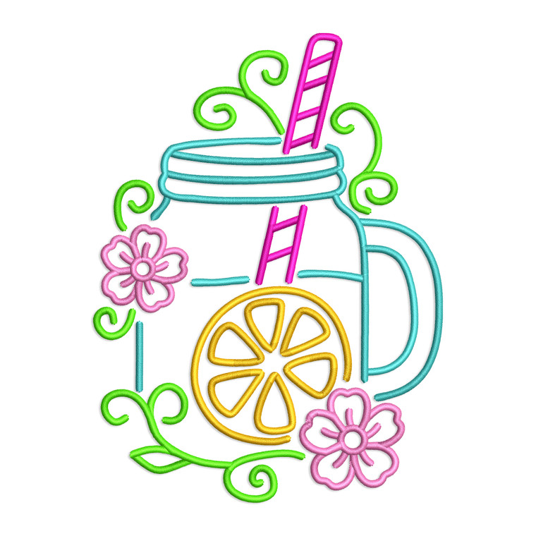Mason Jar Glass w Lemon Machine Embroidery Design