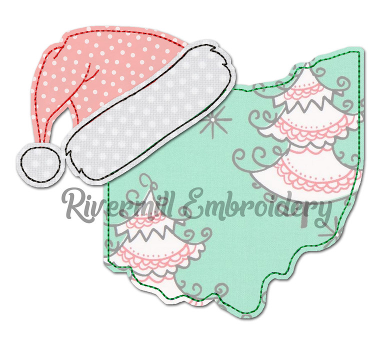 Ohio w/ Santa Hat Raggy Applique Machine Embroidery Design