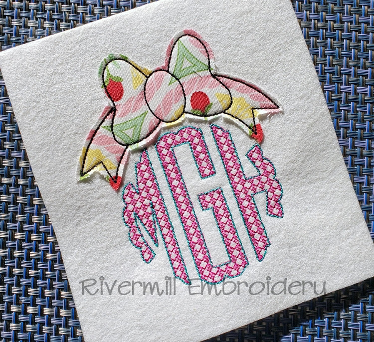 Raggy Applique Bow Monogram Topper Machine Embroidery Design