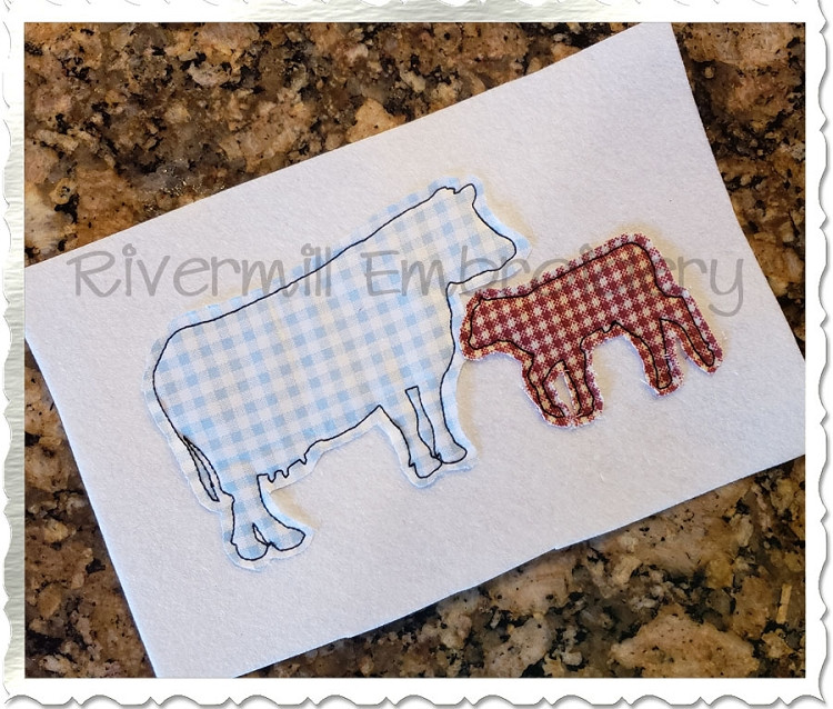 Two Raggy Applique Cows Silhouette Machine Embroidery Design