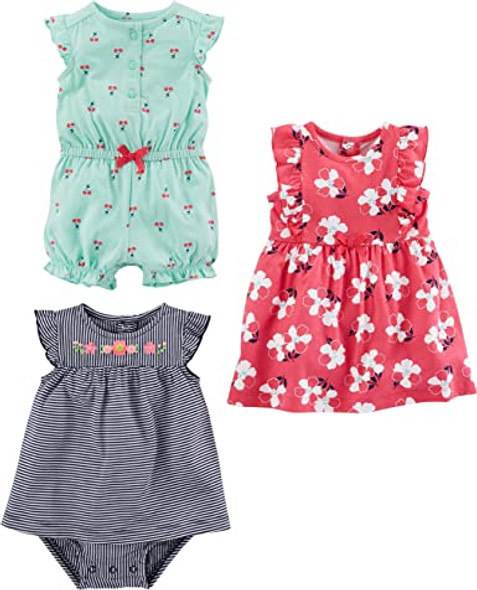Simple Joys by Carter's Baby Girls' Romper, Sunsuit and Dress, Pack of 3