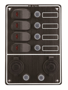 4-Gang Waterproof Switch Panel with Dual Cigarette Sockets 4-Gang Waterproof Switch Panel with Dual Cigarette Sockets