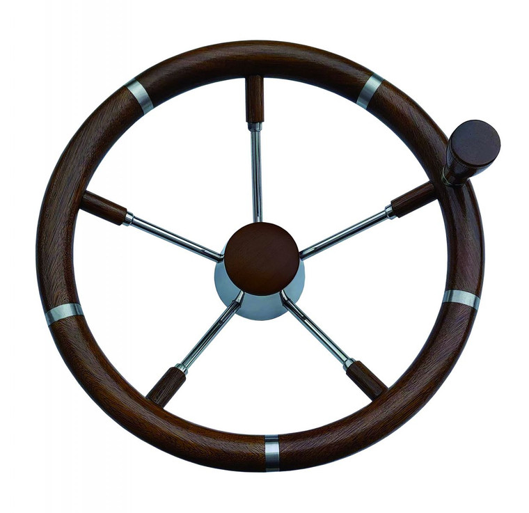 5-Spoke Stainless Steel and Teak Steering Wheel with Handle 5-Spoke Stainless Steel and Teak Steering Wheel with Handle