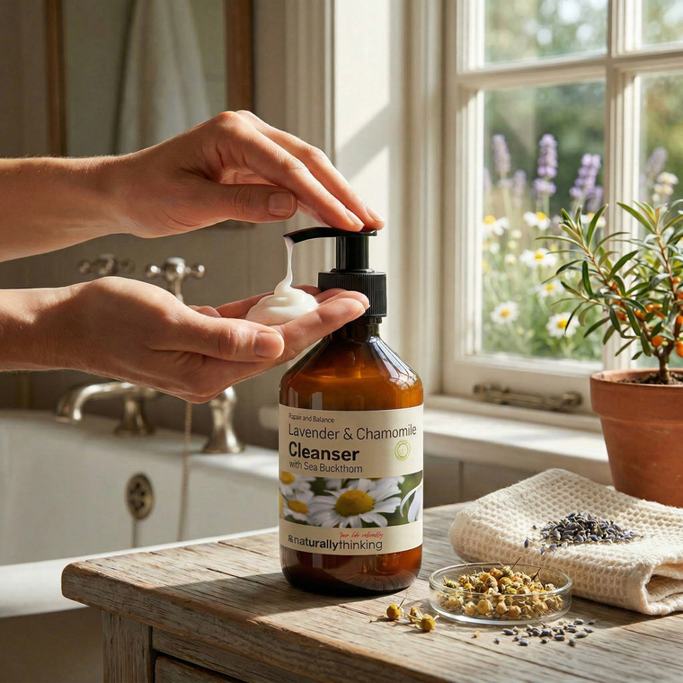 Lavender and Chamomile Cleanser with Sea Buckthorn being pumped onto hand