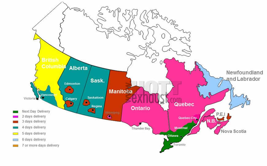 Magnaflow Canada ship time map gives you an indication of how long it will take for your package to arrive. British Columbia, Alberta, Saskatchewan, Manitobam Ontario, Quebec, Nova Scotia, New Brunswick, Newfoundland, PEI, Yukon, NWT, and Nunavut are all shown.