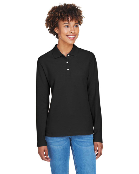 Devon & Jones D110W Pima Pique Long Sleeve Polo Shirt | Black