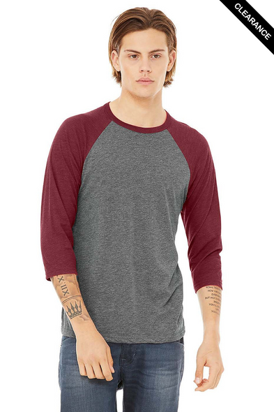 Clearance - Bella+Canvas 3200 Unisex ¾ Sleeve Baseball Tee | Grey/ Maroon Triblend