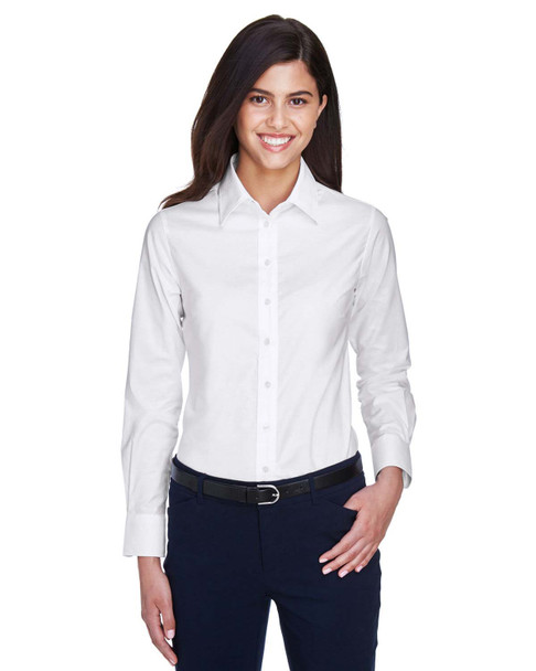 Harriton M600W Ladies' Long-Sleeve Oxford with Stain-Release Shirt | White