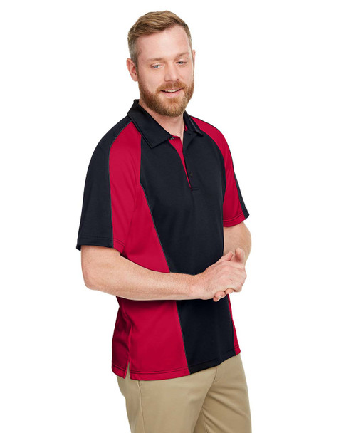 Harriton M385 Men's Advantage Snag Protection Plus IL Colorblock Polo Shirt | Black/ Red/ Dark Charcoal