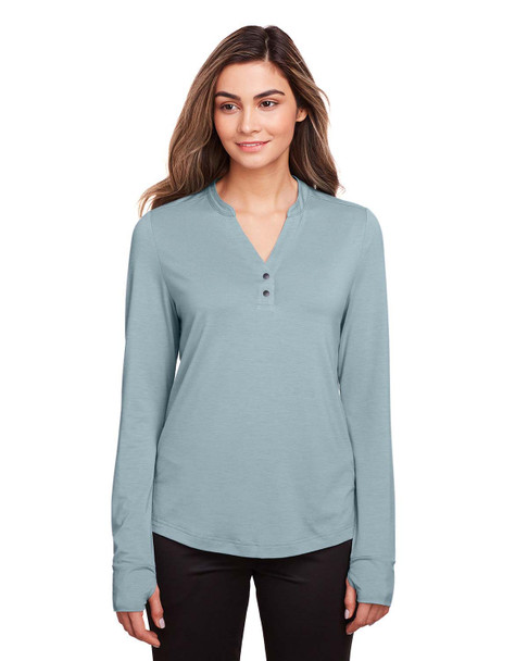 North End NE400W Ladies' Jaq Snap-Up Stretch Performance Pullover Long Sleeve Shirt | Opal Blue