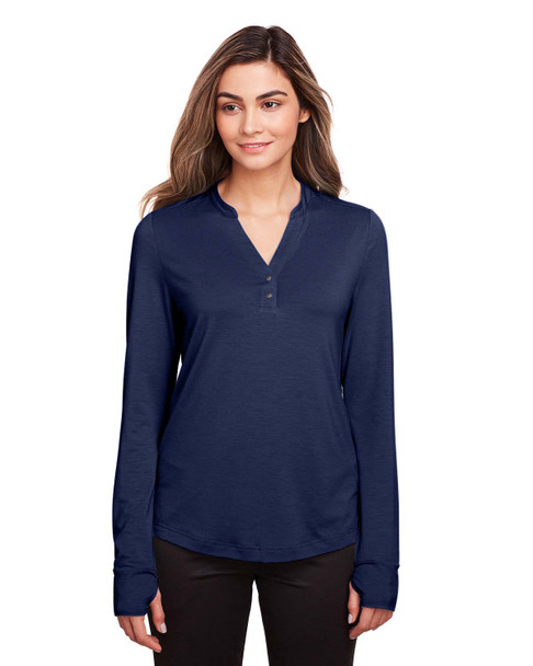 North End NE400W Ladies' Jaq Snap-Up Stretch Performance Pullover Long Sleeve Shirt | Classic Navy