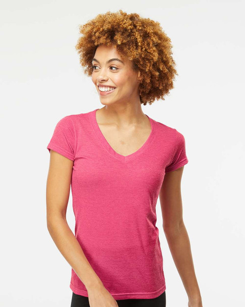 M&O 3542 Women's Fine Blend V-Neck T-shirt | Heather Fuchsia