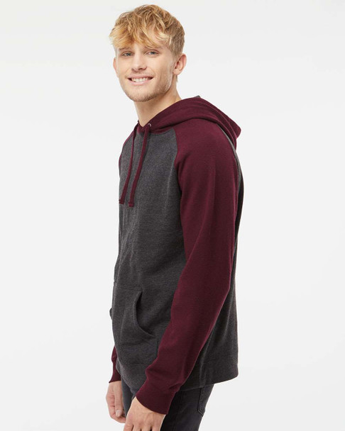 Independent Trading Co. IND40RP Raglan Hooded Sweatshirt | Charcoal Heather/ Burgundy Heather