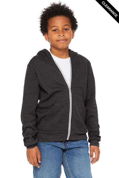 Clearance - Bella + Canvas 3739Y Youth Sponge Fleece Full-Zip Hooded Sweatshirt | Dark Grey Heather