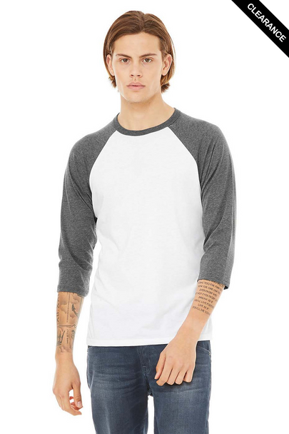 Clearance - Bella+Canvas 3200 Unisex ¾ Sleeve Baseball Tee | White/ Deep Heather