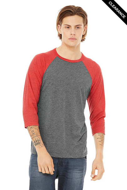 Clearance - Bella+Canvas 3200 Unisex ¾ Sleeve Baseball Tee | Grey/ Red Triblend
