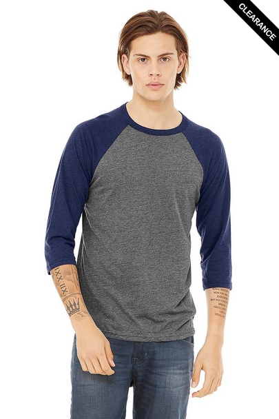 Clearance - Bella+Canvas 3200 Unisex ¾ Sleeve Baseball Tee | Grey/ Navy Triblend