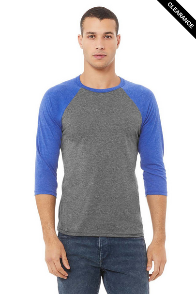 Clearance - Bella+Canvas 3200 Unisex ¾ Sleeve Baseball Tee | Grey/ True Royal Triblend