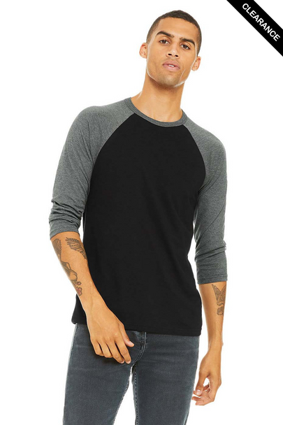 Clearance - Bella+Canvas 3200 Unisex ¾ Sleeve Baseball Tee | Black/ Deep Heather