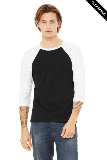 Clearance - Bella+Canvas 3200 Unisex ¾ Sleeve Baseball Tee | Black/ White