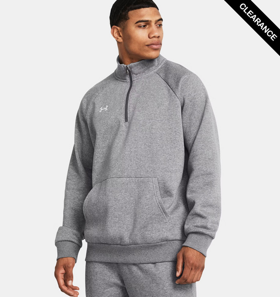 Clearance - Under Armour 1386016 Men's Rival Fleece Quarter-Zip | Castlerock Light Heather/White