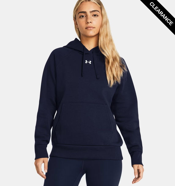 Clearance - Under Armour 1379500 Women's Rival Fleece Hooded Sweatshirt | Midnight Navy/ White