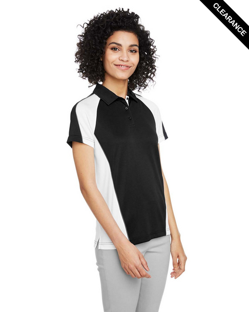 Clearance - Harriton M385W Ladies' Advantage Snag Protection Plus IL Colorblock Polo | Black/ White/ Dark Charcoal