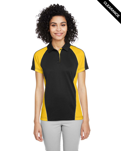 Clearance - Harriton M385W Ladies' Advantage Snag Protection Plus IL Colorblock Polo | Black/ Sunny Yellow/ Dark Charcoal