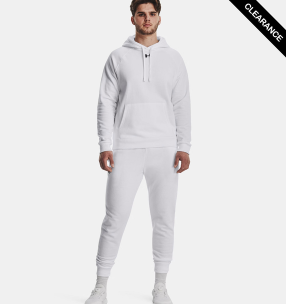 Clearance - Under Armour 1379757 Men's Rival Fleece Hooded Sweatshirt | White/Black