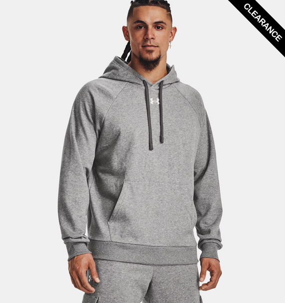 Clearance - Under Armour 1379757 Men's Rival Fleece Hooded Sweatshirt | Castlerock Light Heather/White