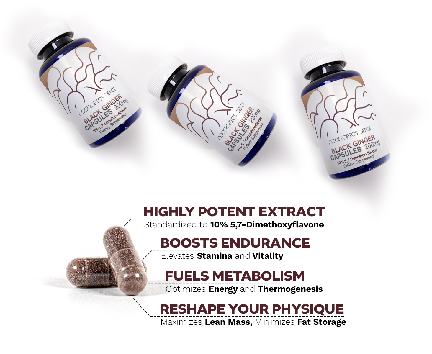 Nootropics Depot Black Ginger capsules, 200mg, in blue bottles with capsules displayed, highlighting benefits like boosting endurance, fueling metabolism, and reshaping physique.