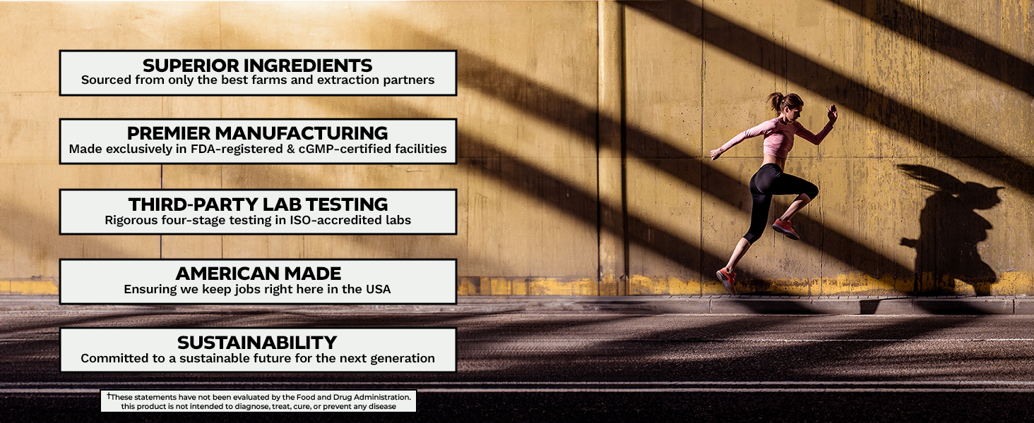 Athletic woman in motion against a yellow concrete wall with text highlighting Nootropics Depot’s values: superior ingredients, premier manufacturing, third-party lab testing, American-made, and sustainability.