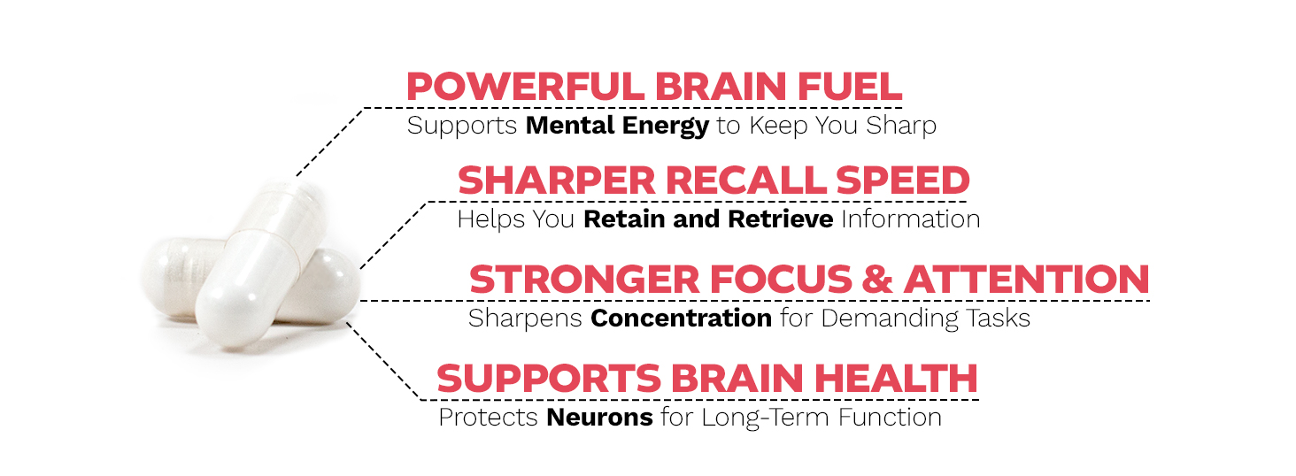 White nootropic capsules with benefits listed: mental energy, recall speed, focus, and brain health support.